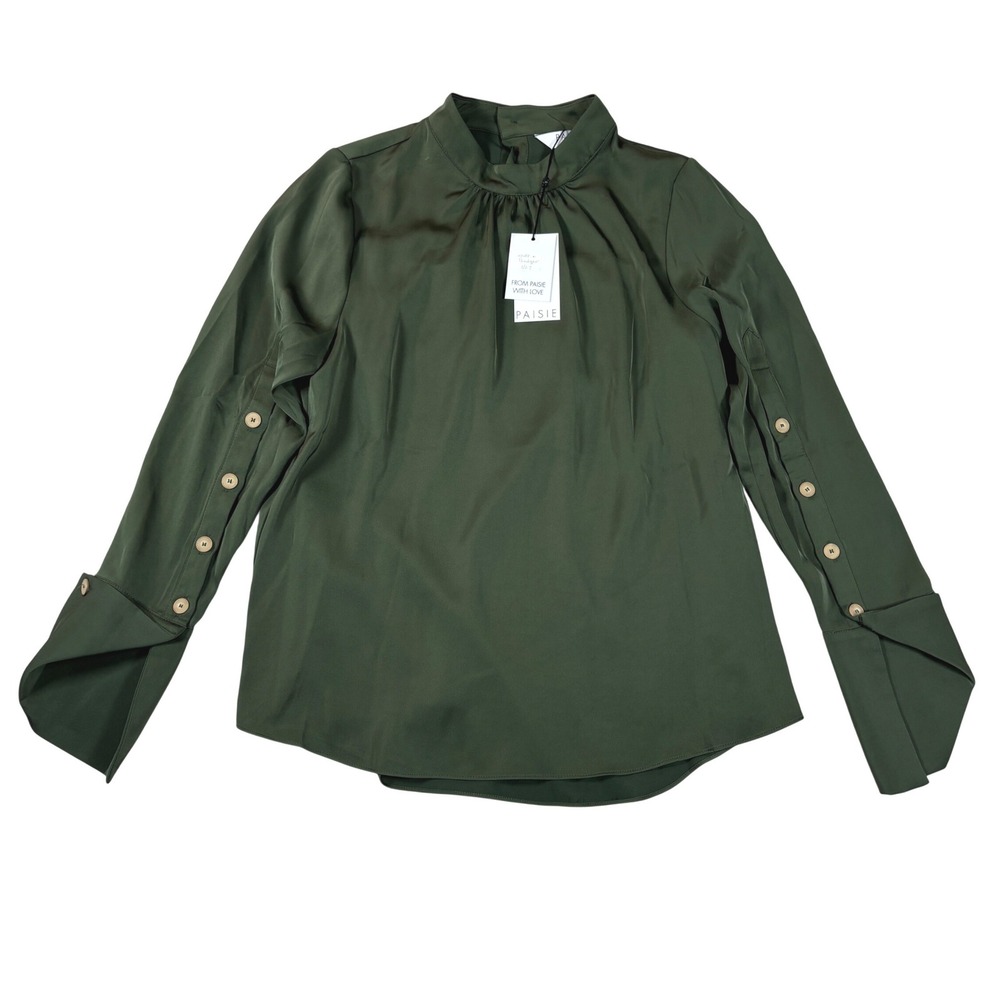 Paisie Emerald Green Satin High Neck Blouse Long Sleeve Button Details NWT